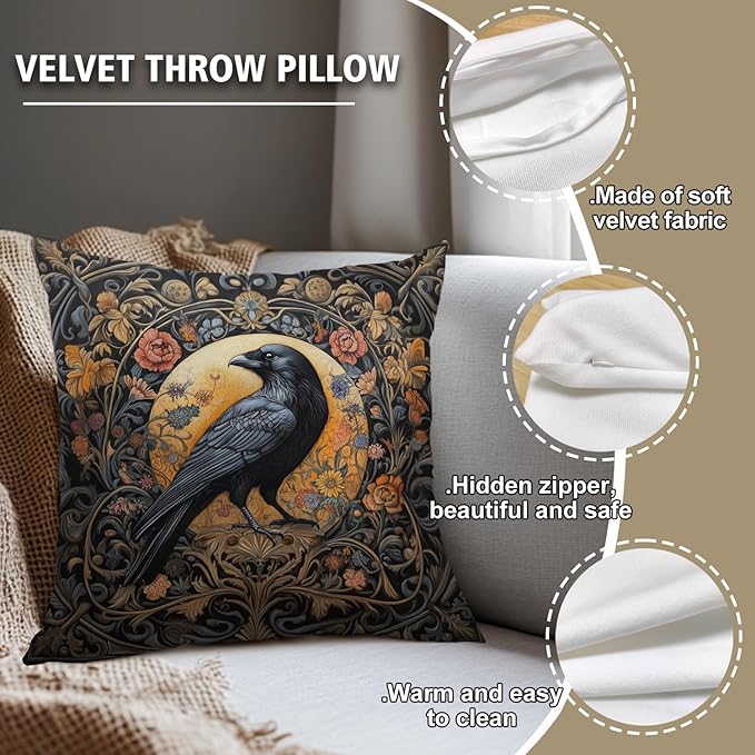 William Morris Abstract Vintage Floral Velvet Black Crow Design Throw Pillow Covers Home Decor, Retro Art Decor Pillowcase Cushion Cover for Bed Sofa Living Room, Square 18x18inch (Black-Crow)