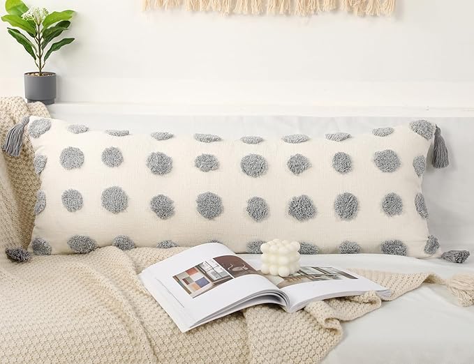 PANOD Decorative Long Lumbar Pillow Cover 16x36 Boho,Super Soft Chenille Extra Long Lumbar Pillow Case Cover with Tassel for Bed Sofa Couch Farmhouse Livingroom,Grey,Modern Skinny