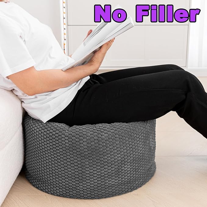 Unstuffed Pouf Ottoman Cover Handmade Footstool Ottoman Storage Solution Floor Pouf Footrest Cushion 20Diameterx12Height Inches for Living Room Wedding Dark Gray