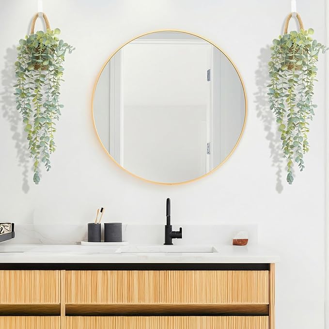 Fake Hanging Plant Decor Indoor, Eucalyptus Artificial Faux Plants in Wall Woven Planters, Jute Hanger with Black Pot Soft Green 1PCS 23Inch Long