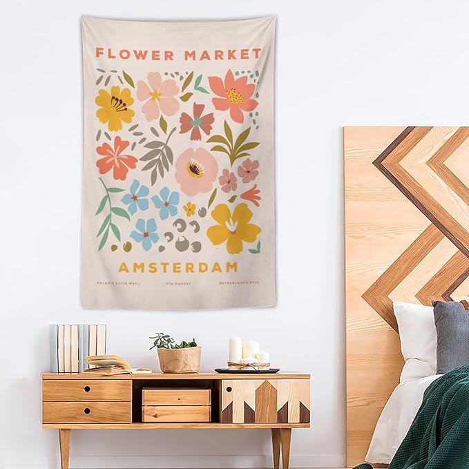 Chordity Danish Pastel Botanical Flower Market Aesthetic Floral Plants Tapestries Wall Hanging Tapestry Decorative Flag For Home Decor Living Room College Dorm Bedroom Banner Poster 40 * 60 Inch