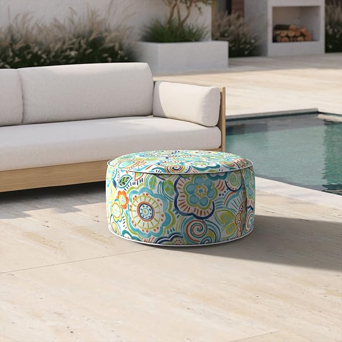 Inflatable Ottoman Stool D21 xH9 for Outdoor/Indoor Use, Water Repellent Patio Foot Rest Stool with Portable Handle,Round Pouf Ottoman Suitable for Garden,Deck and Camping - Flower Blue