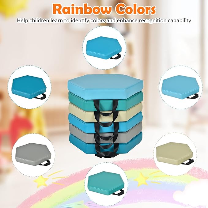 HONEY JOY 6PCS Floor Cushions for Kids, 15 Inch Flexible Alternative Portable Classroom Seating with Handles, Easy to Clean, Thick Soft Foam Hexagon Comfy Seats for Daycare Preschool (Hexagon, Blue)