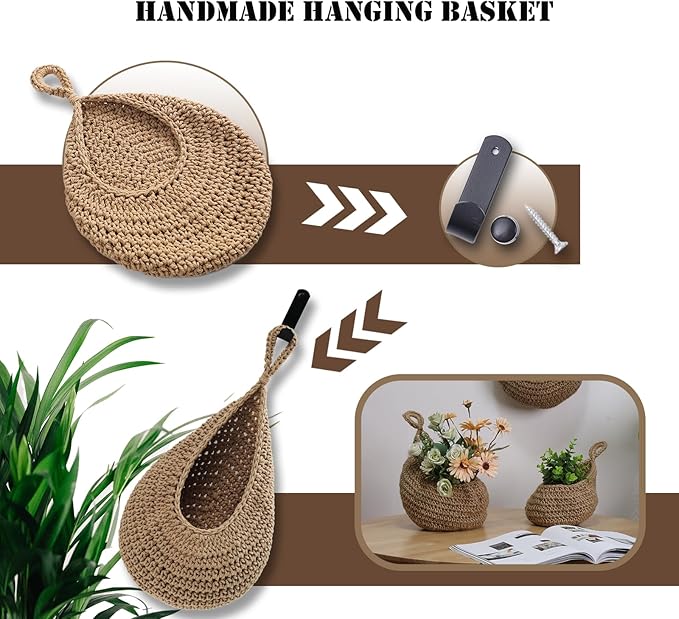 Hanging Fruit Basket Set of 3, Boho Wall Hanging Storage Jute Basket for Organizing & Decor, Handmade Teardrop Hammock Holder for Onion Fruit Vegetable in Home & Restaurant Kitchen with Hooks