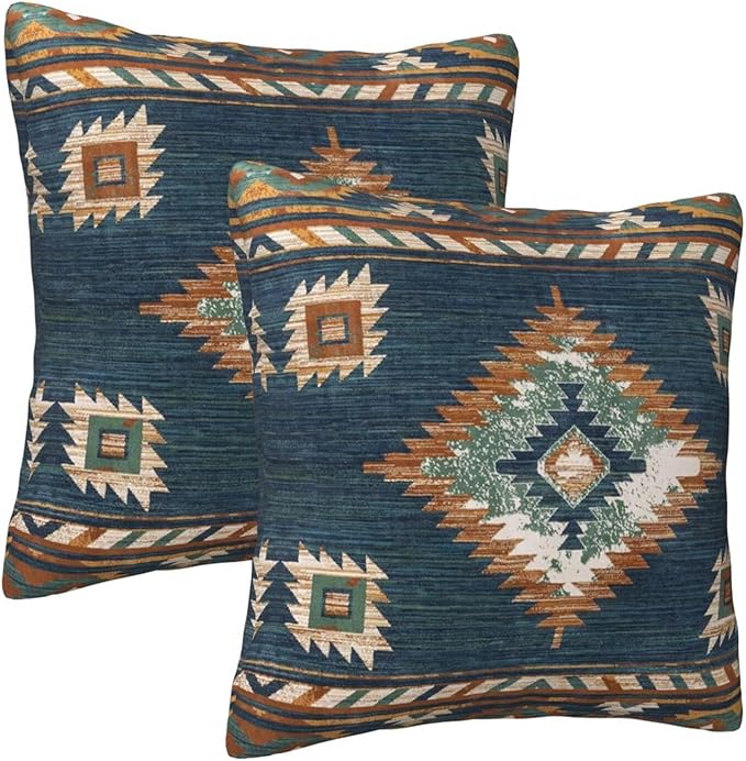 Western Native American Blue Pillow Covers 18x18 Set of 2, Southwestern Boho Aztec Throw Pillow Covers Outdoor Decorative Pillow Case for Couch Bed Sofa Cushion Home Decor