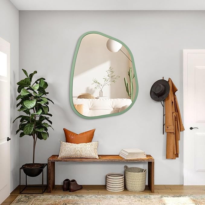 Asymmetrical Mirror for Wall Irregular Accent Wood Frame Modern Unique Wall Mirror Decorative Vanity Bathroom Living Room Bedroom Entryway Hallway Artistic Wavy Mirror Large 26"x18"