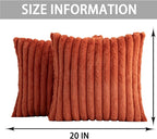 Pack of 2 Faux Fur Christmas Throw Pillow Covers 20x20 Inch, Soft Plush Striped Neutral Couch Pillow Cover, with Velvet Back Modern Home Decor for Sofa Living Room Couch Bed Rust