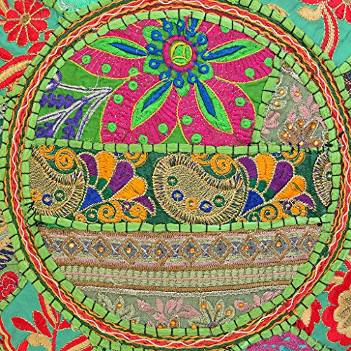 Indian Pillow Seats for Floor Vintage Bohemian Patchwork Boho Cushion Cover Parrot Green Round Throw Pillow 18 Small Decorative Decor Seating Tuffet Footstool Cotton Embroidered 1 Pc - color: Parrot Green