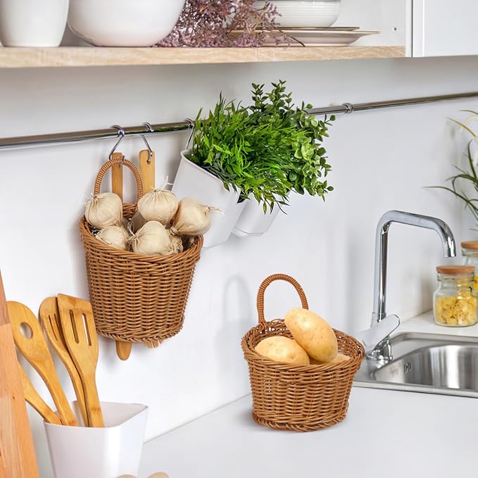 Zerodeko Hanging Woven Storage Basket for Kitchen Wall Decorative Organizer for Onion Ginger Garlic Space-Saving Rattan Basket 6.88X6.10X5.11In