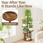 LASZOLA Brown 5 Tiered Wooden Plant Stand Indoor with Heavy Duty Planter, Large Multiple Level Vertical Flower Rack for Narrow Corner, Sturdy Rustic Shelving Organizer Holder for Modern House Bathroom