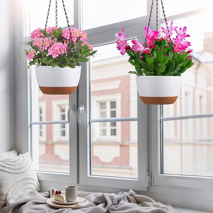 Set of 2 Hanging Planters for Indoor Outdoor Plants, 10 Inch Self-Watering Hanging Flower Pots with Drainage Hole & Removable Water-Storage Tray (Hooks)