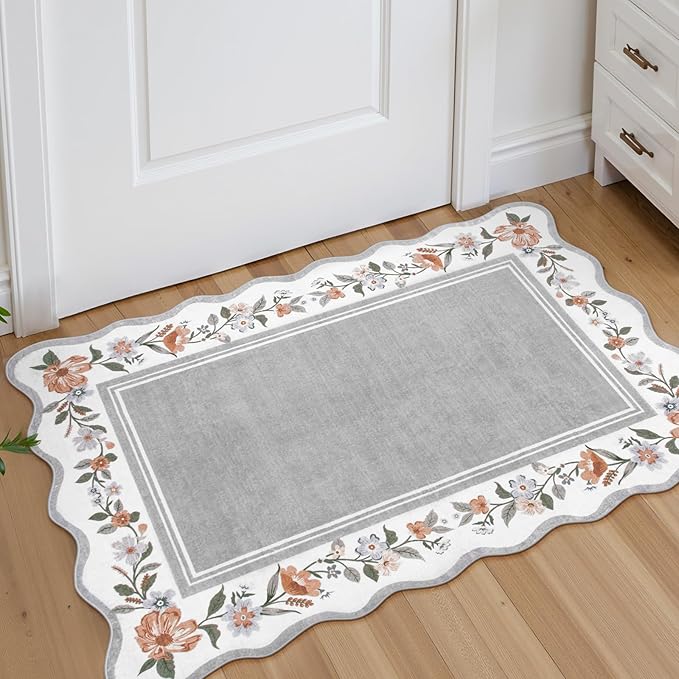 Lahome Floral Entryway Rug, 2x3 Kitchen Rugs Non-Slip, Ulta-Thin Washable Door Mat Indoor Entrance Stain Resistant, Boho Scalloped Throw Rugs for Bathroom Bedroom Ariele Grey