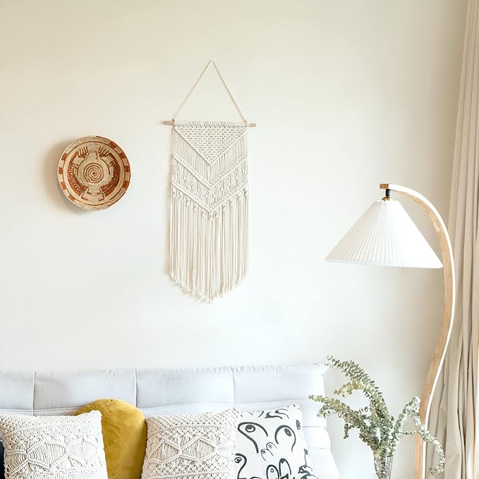 Mkono Macrame Wall Hanging Art Woven Boho Home Décor, Geometric Beautiful Yarn Tapestry Wall Decor for Bedroom, Nursery, Apartment, Dorm Decoration, Christmas Gift for Teen Girl Mom, 17" W x 33" L