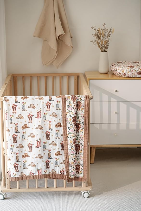 Little Jump Cowgirl Floral & Highlandcow Muslin Blanket Baby Quilt - Silky Soft and Breathable Crib Blanket for Daycare - Large 47" x 47" - 2 Layers Toddler Summer Blankets for Girls (Cow Girl)