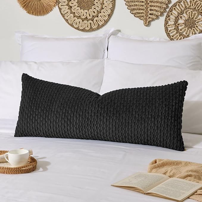 Kevin Textile 20x54 Inch Long Body Lumbar 1 Pack Boho Decorative Throw Pillow Cover Soft Striped Corduroy Rectangle Cushion Case Farmhouse Accent for Living Room Couch Sofa Bed, Black