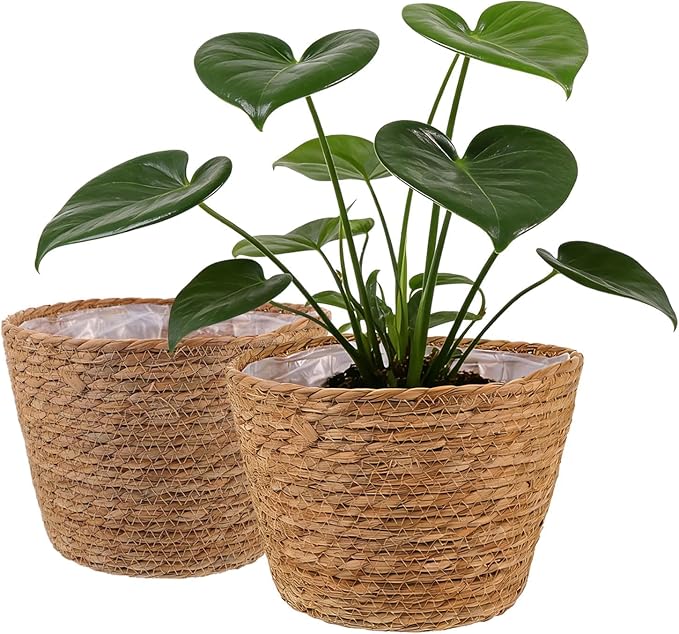 2PCS Seagrass Plant Basket for Indoor and Outdoor,Rattan Large Planter Basket with Liner for 6 inch Pot,Wicker Plant Pot Covers for Potted Plants,Woven Storage Baskets for Rustic Boho Farmhouse Decor