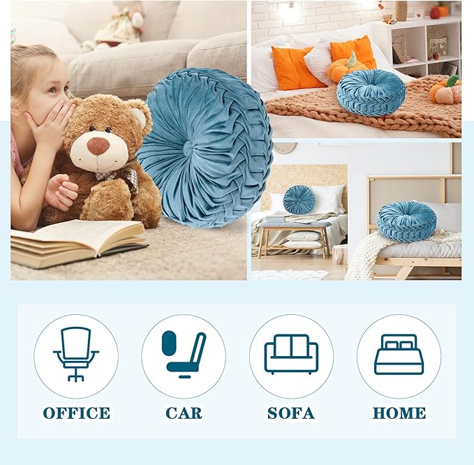 Round Throw Pillows Decorative Pleated Throw Pillows 15'' Diameter Accent Pumpkin Boho Chair Cushion for Couch Sofa Home Decoration(Dusty Blue,1 Pcs)
