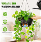 8 Inch Hanging Planters for Indoor Outdoor Plants, 4 Pack Black Plastic Self Watering Hanging Baskets with Drainage Holes and Chain for Garden Porch