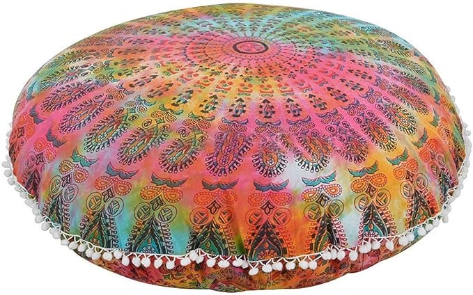 Indian Mandala Decor Floor Pillow Meditation Seating Throw Hippie Round Cushion Cover Decorative Pouf Cover Bohemian Ottoman Poufs with Pom Pom Pillow Cases Boho Dog Pets Bed