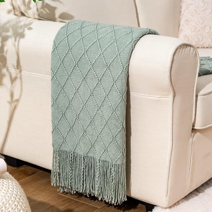 BATTILO HOME Sage Green Throw Blanket for Couch, Boho Bed Throws Blanket, Spring Decorative Light Blue Throw Blanket for Sofa Living Room, 52"x80"