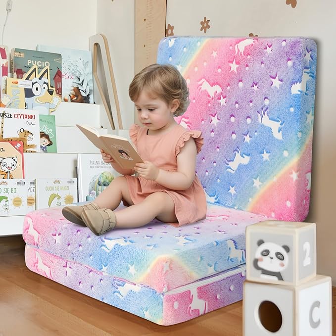 MeMoreCool Foldable Floor Cushion for Kids, Glow Star Trifold Play Mat, Portable Floor Lounger Seat Pad, 57x22 Inch Colorful