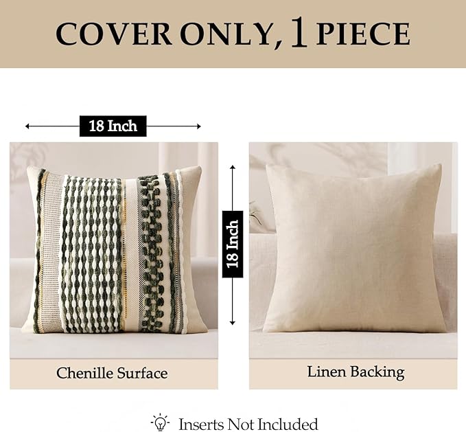 ANRODUO Pack of 1 Boho Decorative Throw Pillow Covers 18x18 Farmhouse Cushion Case Striped Chenille Pillow Cases Square Pillow Covers Accent Neutral Pillowcase for Sofa Couch Bed, Olive Green Stripe