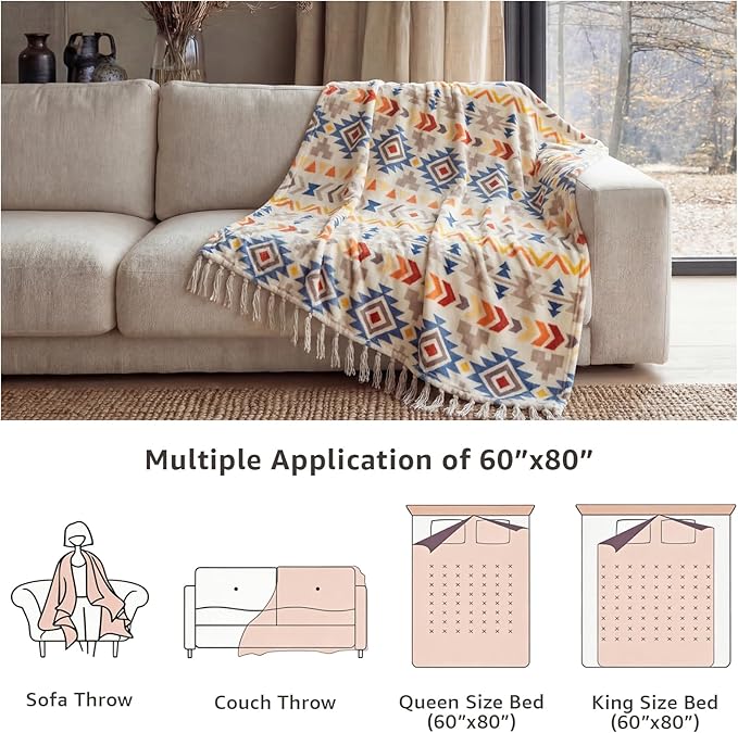 CASAAGUSTO Boho Throw Blanket - Colorful Decorative Blankets with Tassel, Printed Flannel Bohemian Blanket for Chair, Bed, Sofa, Couch(50 * 60, Colorful)