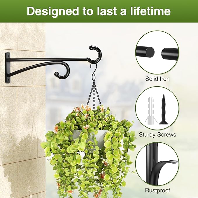 12" Plant Hanger Hook Outdoor Indoor – Planter Hooks for Hanging Plants, Plant Wall Hooks, Brackets for Hanging Plants, Baskets, Wind Chimes, Bird Feeders, Lanterns, Bird Houses (Black, Metal, 2-Pack)