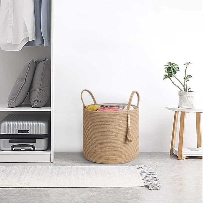 Mkono Woven Storage Basket Decorative Natural Rope Basket and Cotton Rope Basket Boho Cute Decor and Organizer for Nursery, Baby Toys, Blanket