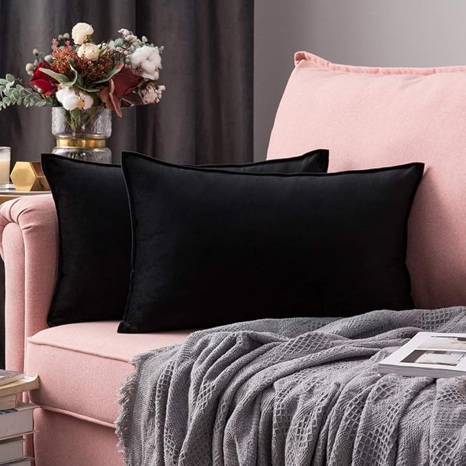 MIULEE Black Velvet Lumbar Throw Pillow Covers 12x20 Soft Decorative Solid Square Cushion Cases Pack of 2 Modern Luxury Home Decor for Couch, Sofa, Bedroom