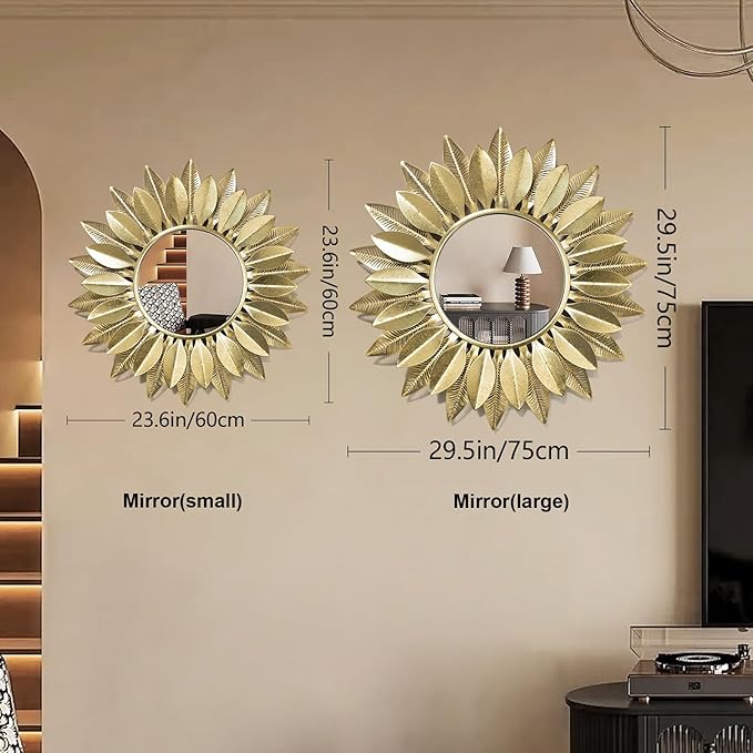24" Gold Sunburst Decorative Wall Mirror – Handmade Flower Design, Luxury Round Accent Mirror Boho Wall Decor for Bedroom,Entryway, Dining Room & Kitchen