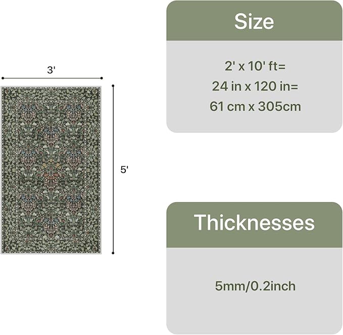 GENIMO Washable 3x5 Area Rug, Soft Vintage Floral Boho Carpet, Low-Pile Non-Slip Rug for Living Room, Bedroom, Dining Room, Nursery, Emerald Green