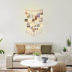 Mkono Macrame Hanging Photo Display Wall Decor with String Lights Boho Room Bedroom Wooden Beads Garland Picture Greeting Cards Holder with 30 Clips