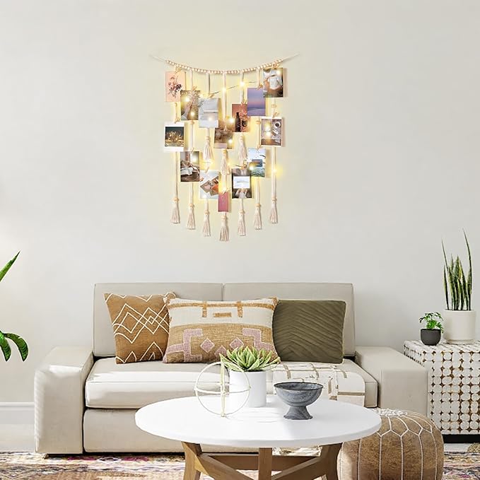 Mkono Macrame Hanging Photo Display Wall Decor with String Lights Boho Room Bedroom Wooden Beads Garland Picture Greeting Cards Holder with 30 Clips