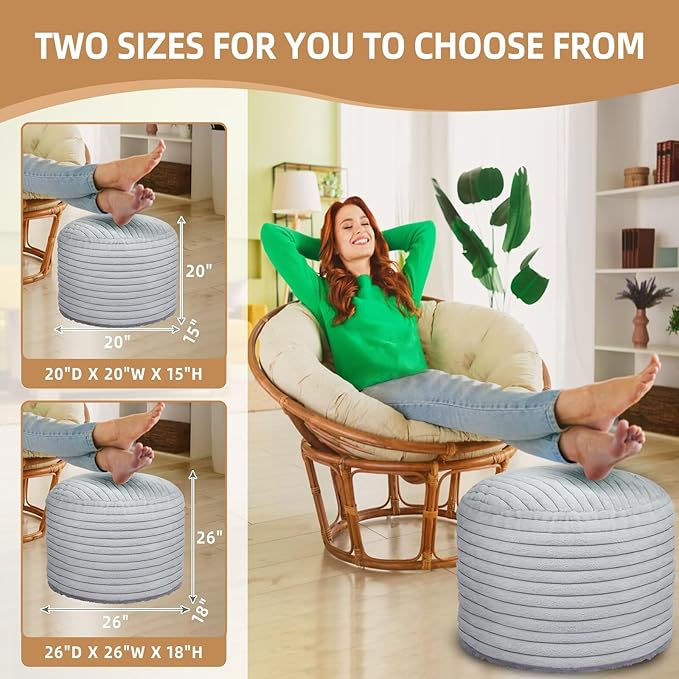 Round Stuffed Pouf Ottoman Foot Rest for Couch Round Ottoman with Foam Chunk Filling Stripe Faux Fur Ottomans for Living Room Floor (20"x15",Light Grey)