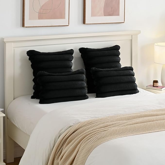 FUTEI Black Decorative Throw Pillow Covers 18x18 Inch Set of 2, Square Soft Faux Rabbit Fur Thick Striped Cushion Cover,Spring Home Decor for Couch Bed Living Room