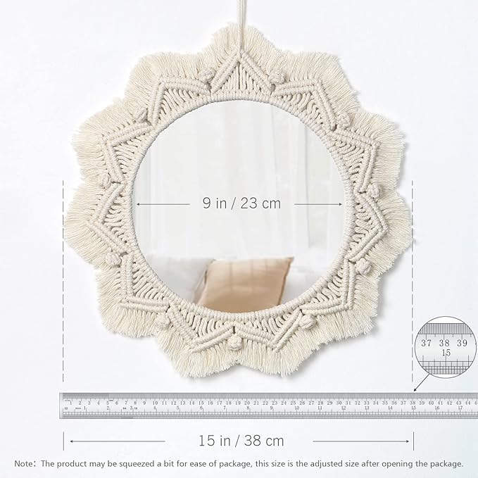 Dremisland Macrame Wall Mirror-15 Inch Round Mirror with Macrame Fringe, Boho Decorative Hanging Mirror Wall Decor Art Ornament for Apartment Home Bedroom Living Room Baby Nursery (Beige)