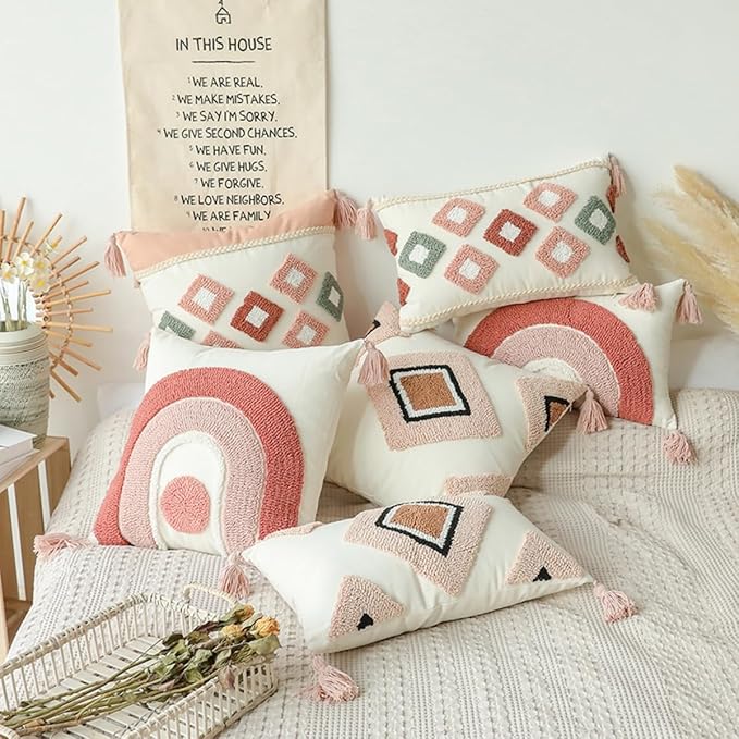 Pink and White Bohemian Decorative Throw Pillow Covers 18x18 Inch - Geometric Moroccan Tufted Covers with Tassels | Boho Decor for Sofa Bed Living Room | Dusty Rose & Cream Textured (Set of 1 A)