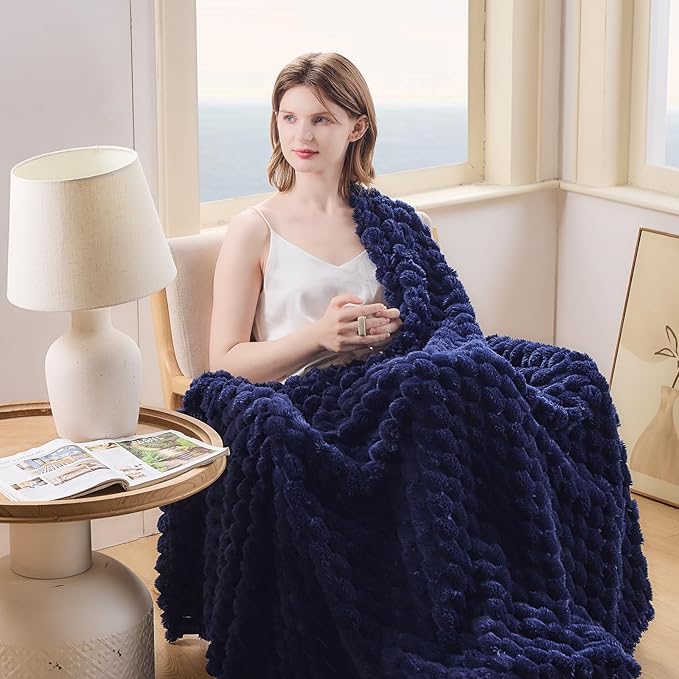 NEWCOSPLAY Super Soft Queen Blanket Dark Navy Premium Silky Flannel Fleece 3D Clouds Stylish Jacquard Lightweight Bed Blanket All Season Use 350GSM (Dark Navy, Queen(90"x90"))