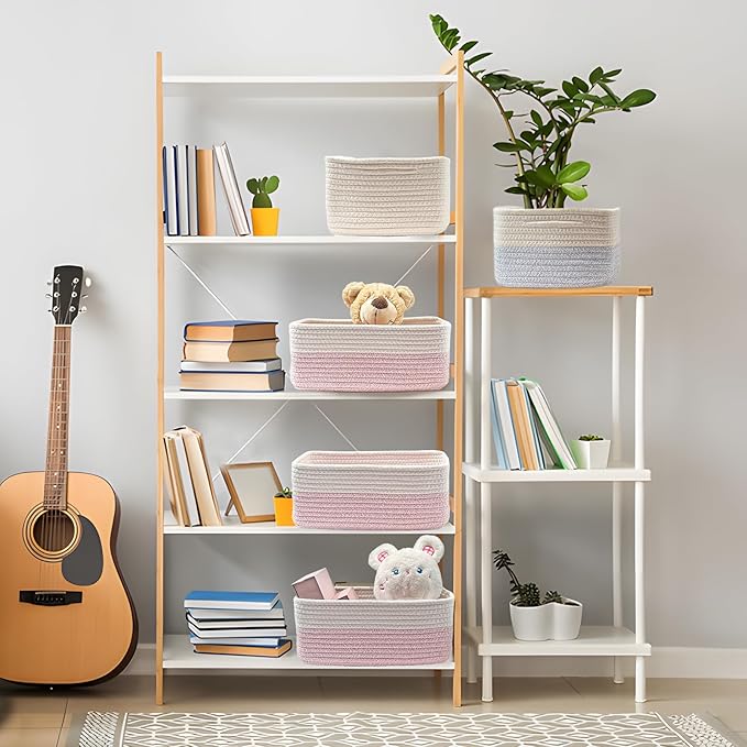 COMFY-HOMI 11.5"x7.5"x4.7" Storage Baskets for Organizing | Cotton Rope Woven Basket | Toy Storage Bin Box | Basket for Shelves, Closet Organizer Bin, Decorative Closet Shelf, 1 Pack white/pink