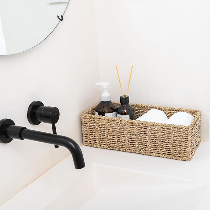 Small Wicker Baskets 2 Pack, Hand Woven Toilet Basket Tank Topper, Toilet Tank Basket for Bathroom Organizing, Seagrass Storage Baskets for Toilet Paper (14.4"Lx6.1"Wx4.4"H)
