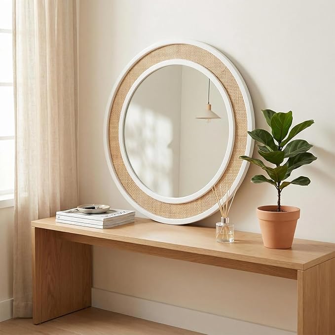 Round Rattan Mirror, 24" Circle Wall Mirror, Farmhouse Wooden Vanity Mirror with Handmade Wicker Frame, Decorative Boho Mirror for Nursery Bedroom Living Room Entryway White