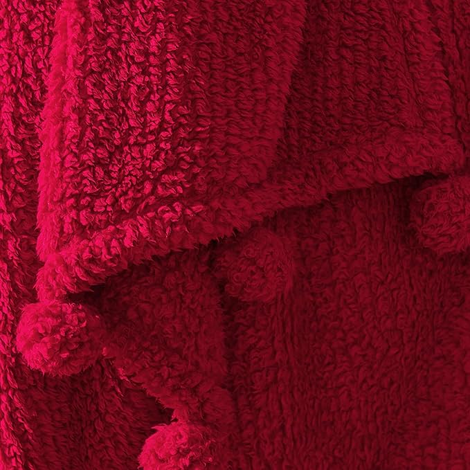HORIMOTE HOME Ultra Soft Sherpa Throw Blanket with Pompom Fringe, Lightweight Plush Boho Throw Blanket for Couch, Sofa, Bedroom,Travel, Christmas Decor, Warm Blanket for Winter, 60"x80", Red