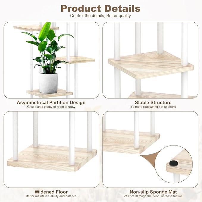 6 Tier Plant Stand Indoor, Thickened Metal Wood Corner Plant Shelf Stands for Multiple Plants, Indoor Tall Plants Stand Tiered Flower Holder for Living Room Patio Garden Balcony(White+Oak)