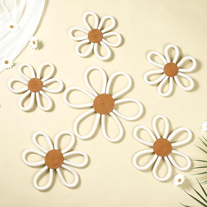 Barydat 6 Pcs Boho Nursery Decor Daisy Flower Woven Macrame Wall Hanging 3 Size Daisy Flower Wall Decor Bohemian Nursery Decorations for Home Dorm Art(White)