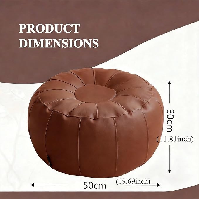 Leather Pouf - 20”Dx12”H, Wash-Free Tech Fabric Pouf Unstuffed Ottoman Moroccan Footstool, Floor Footrest Cushion, Storage Solution, Natural Orange Color Unstuffed Faux Leather Cover (Brown)