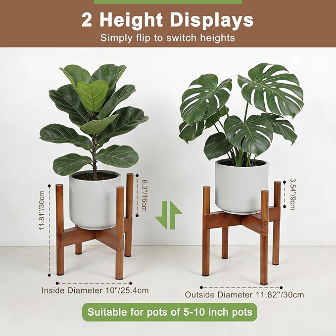 Plant Stand Indoor, Wood Plant Holder, Mid Century Modern Decor Tall Planter Stands, 2 Height Displays Corner Single Flower Stand for Balcony, Living Room,Garden Patio Fit 5-10 Inch Pots