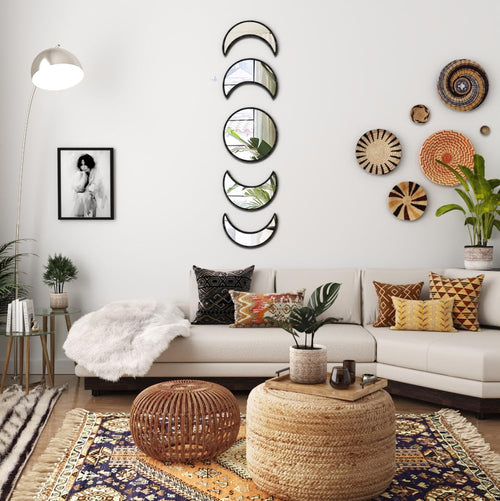 5-Piece Black Acrylic Moon Phase Wall Mirror Set - Shatterproof Safety Design, Easy Stick-On Installation, Boho Celestial Decor for Bedroom Living Room - color: Black