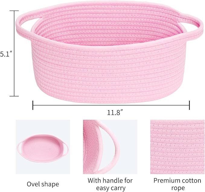 ABenkle Small Basket, 12"x 8" x 5" Cute Small Woven Basket, Rope Room Shelf Storage Basket, Cat Dog Toys Basket Chest Box, Decorative Empty Gift Basket with Handles - All PInk