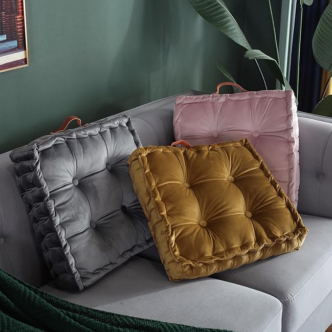 vctops Square Solid Color Velvet Seat Cushion with Handle Tufted Thicken Chair Pad Tatami Floor Pillow Cushion 16.5"x16.5"x4" Mustard Yellow